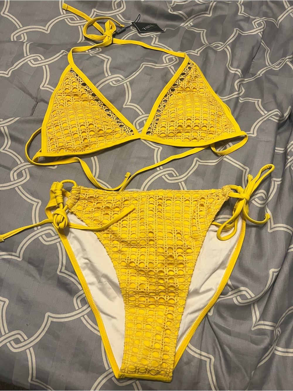 Zaful Yellow Crochet Tie-Side Triangle Bikini